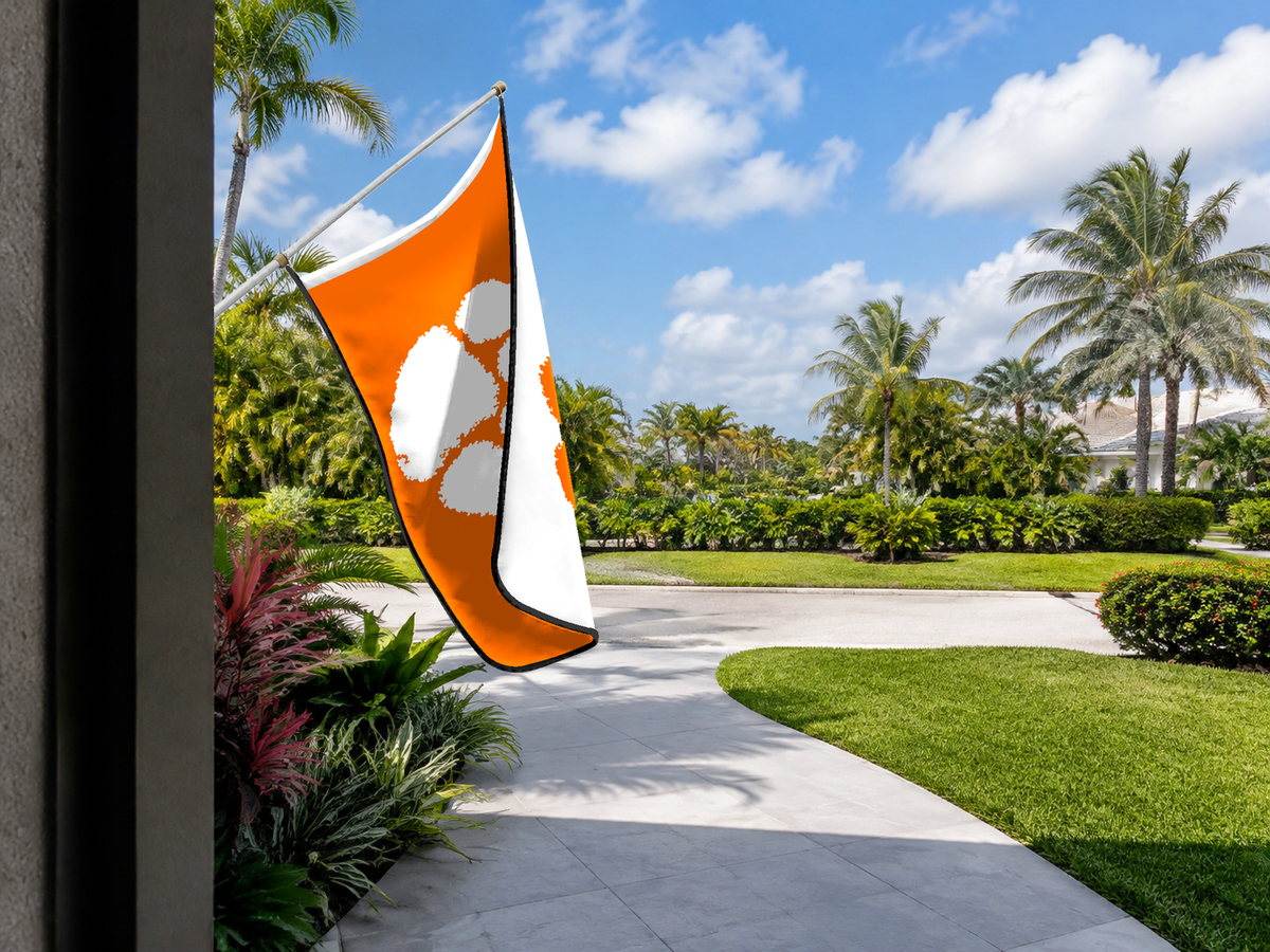 Clemson Tigers Authentic Gameday Flag — approved one-scene environment view — EXO R89 — item_id=ncaa-fbs-clemson-tigers — source_sha256=d8a899cadfb19833b9430f0453d64d6ed564fe43af8d67c55e0cc4951a2a1a8d
