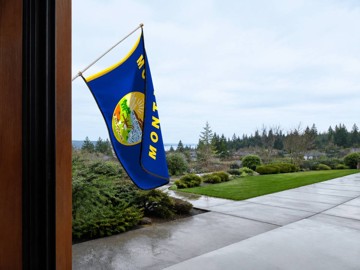 Montana State Flag Authentic Gameday Flag — approved one-scene environment view — EXO R89 — item_id=state-montana — source_sha256=aa01c6068e6d51513e56c12fdf87d3d3f22bf767c864d3f46eda704fd3a7e878
