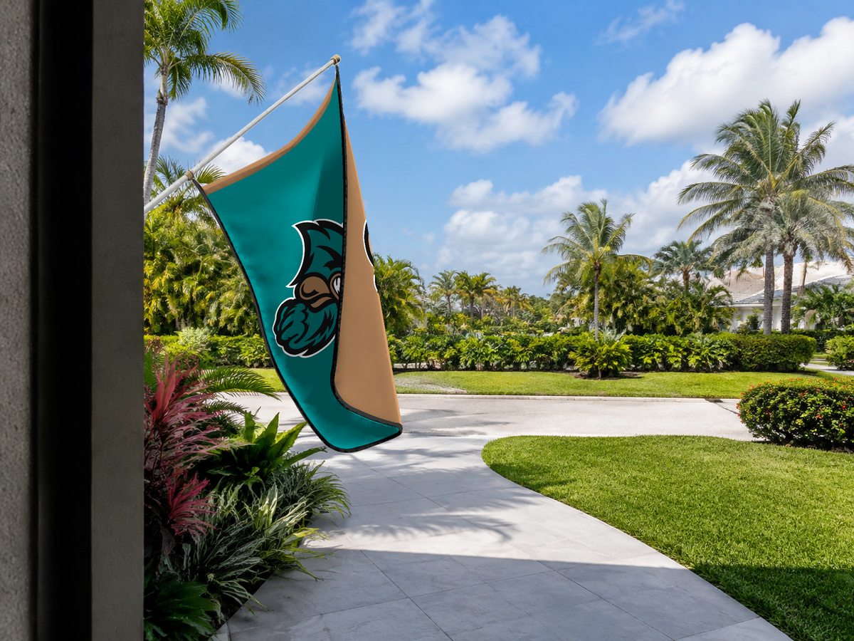 Coastal Carolina Chanticleers Authentic Gameday Flag — approved one-scene environment view — EXO R89 — item_id=ncaa-fbs-coastal-carolina-chanticleers — source_sha256=dda02a72a33b87d922f32fd67cf536b147447cb010328162b7d0013c6c1244c5