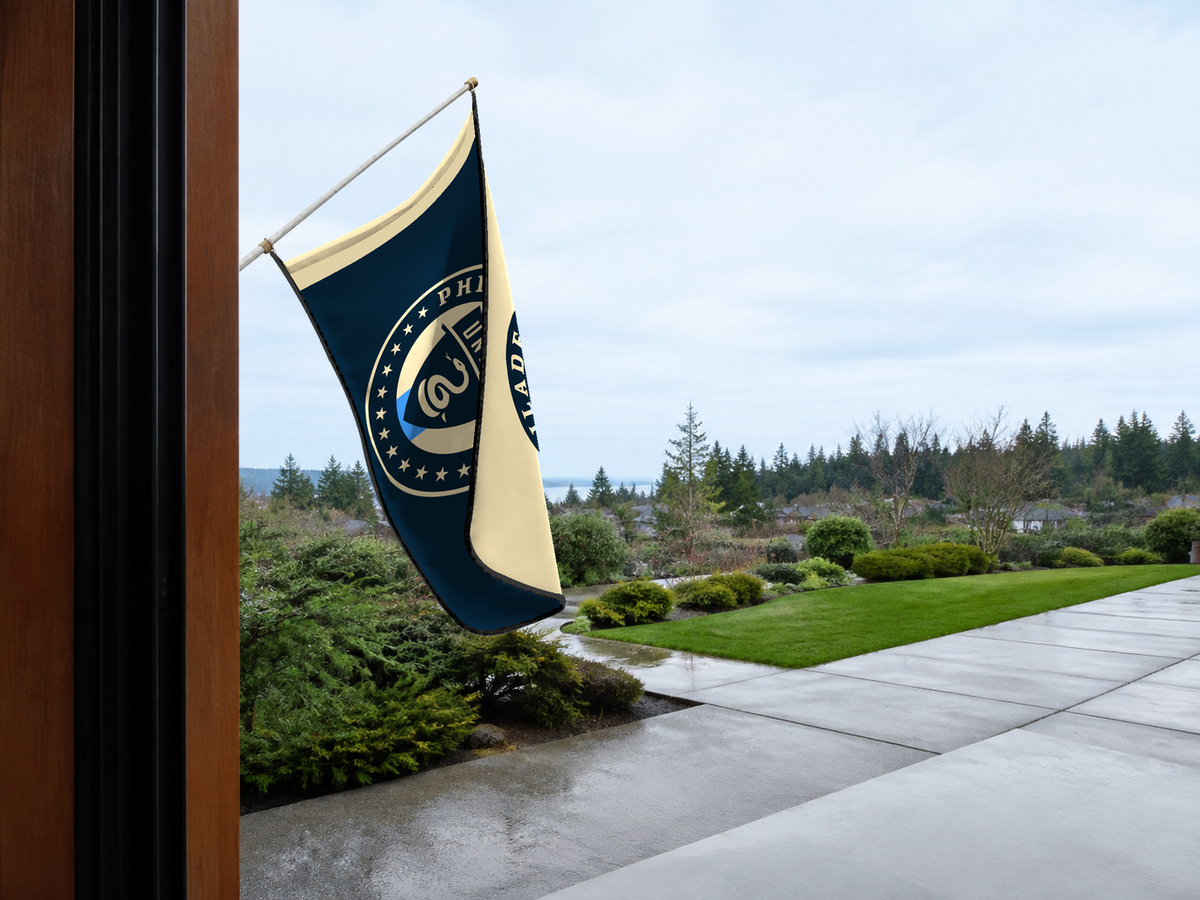 Philadelphia Union Authentic Gameday Flag — approved one-scene environment view — EXO R89 — item_id=mls-philadelphia-union — source_sha256=289aa660e247b7bbbfcc3b7a0a6685e61d77811b529ed2bc20a050d1013ba2c6