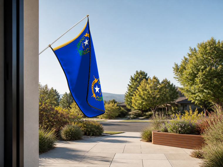 Nevada State Flag Authentic Gameday Flag — approved one-scene environment view — EXO R89 — item_id=state-nevada — source_sha256=caddfca3d510027ec3de7c987ca804944816cca5b207643b57698cb35cc4a5bf