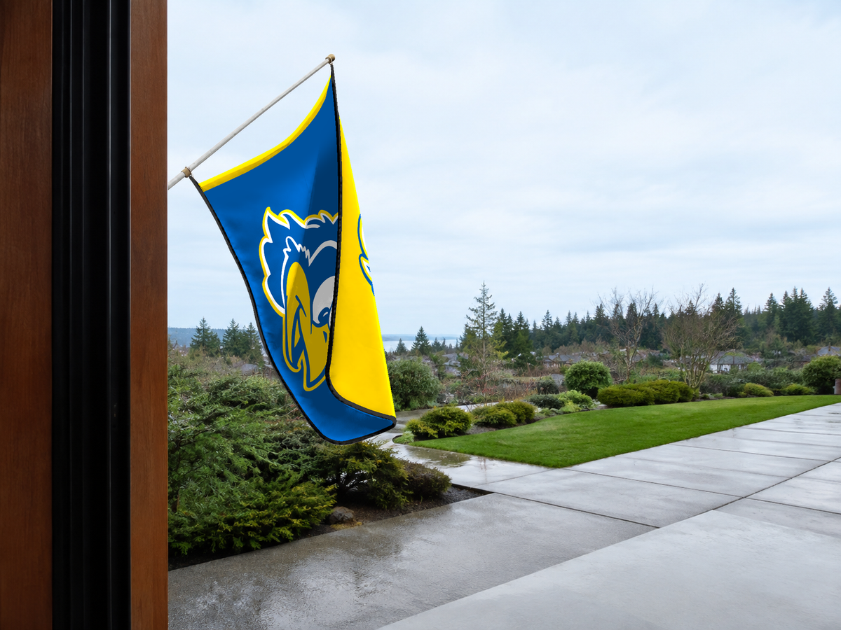 Delaware Blue Hens Authentic Gameday Flag — approved one-scene environment view — EXO R89 — item_id=ncaa-fbs-delaware-blue-hens — source_sha256=82223be672cc5143e07c3127da70f620b599416fce467b8e3c2b1b8c604dbe60