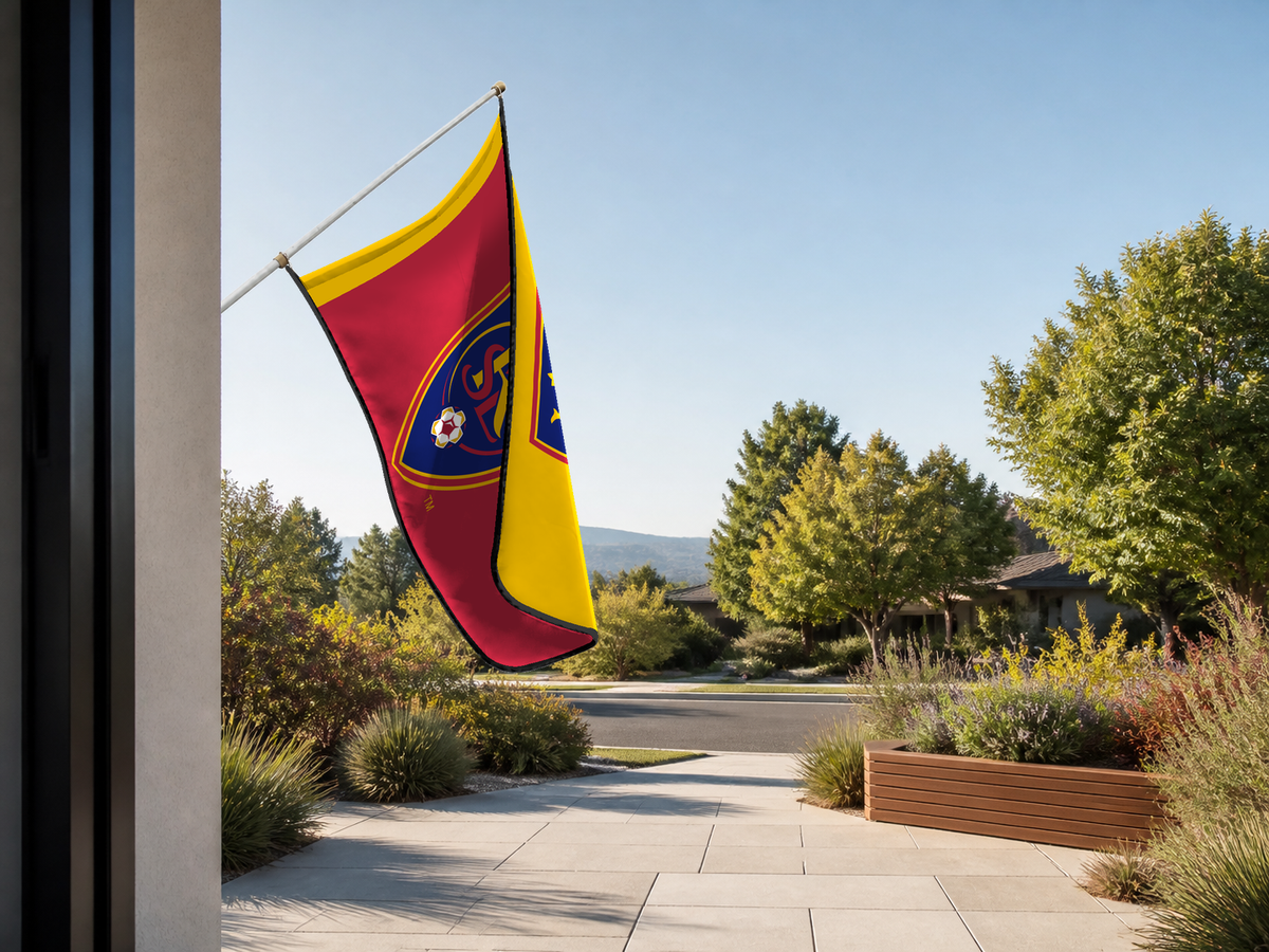 Real Salt Lake Authentic Gameday Flag — approved one-scene environment view — EXO R89 — item_id=mls-real-salt-lake — source_sha256=c534cbeaad8c36a646282139e17f30be8379576fa7a93f4e447e06fd822a443e