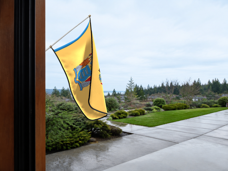 New Jersey State Flag Authentic Gameday Flag — approved one-scene environment view — EXO R89 — item_id=state-new-jersey — source_sha256=6d498dd659b106bbbe5006a280585079bf2fb6cf344d332459e8e7d3581dcc01