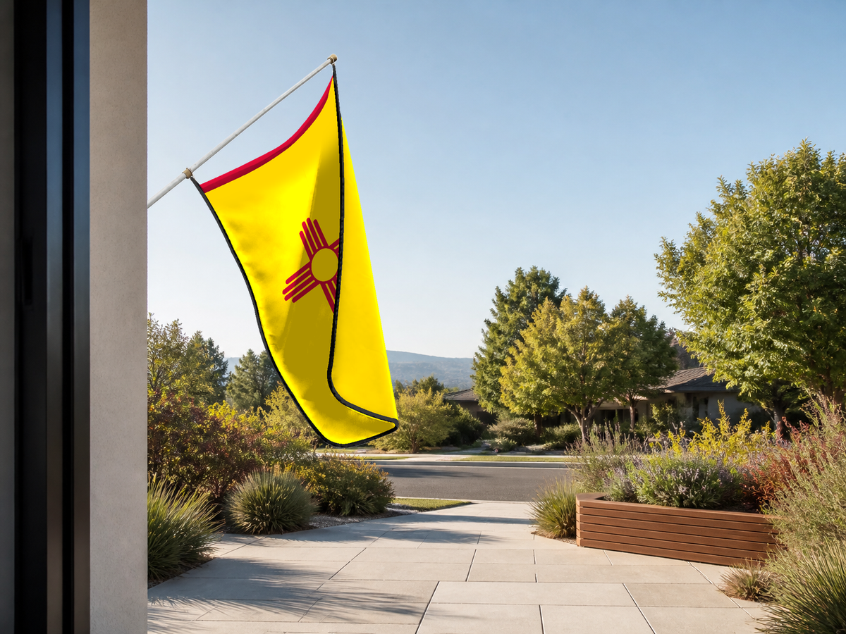 New Mexico State Flag Authentic Gameday Flag — approved one-scene environment view — EXO R89 — item_id=state-new-mexico — source_sha256=c8fbe6a14fc6b84cc73f5f83ded7abf4d900bd5129c55bd926d8c8c2b38afff5