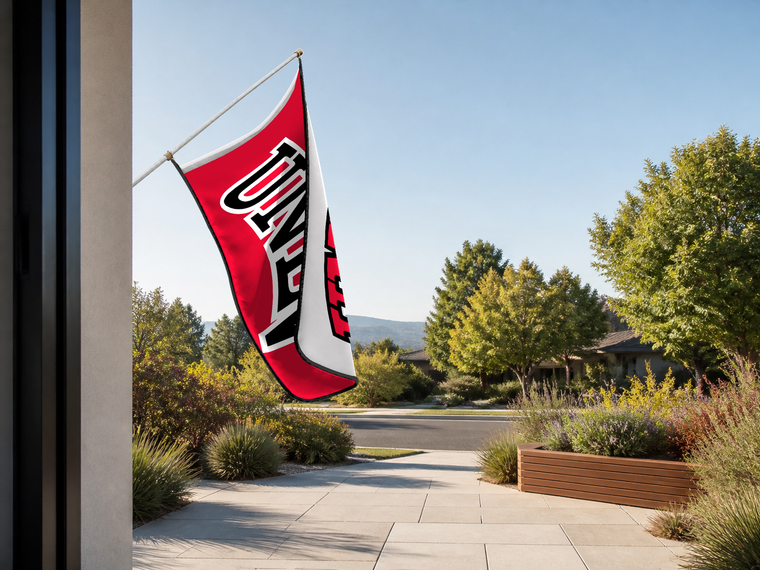 UNLV Rebels Authentic Gameday Flag — approved one-scene environment view — EXO R89 — item_id=ncaa-fbs-unlv-rebels — source_sha256=c5cd325f754e238647341c3cc94b11c751588d0724de232dd046215259c8a14c