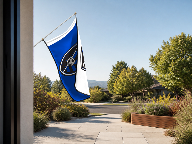 San Jose Earthquakes Authentic Gameday Flag — approved one-scene environment view — EXO R89 — item_id=mls-san-jose-earthquakes — source_sha256=27e69d77ceed04a85ecdf96dd297c06ea9eddb6232167556c570adabac07f9a5