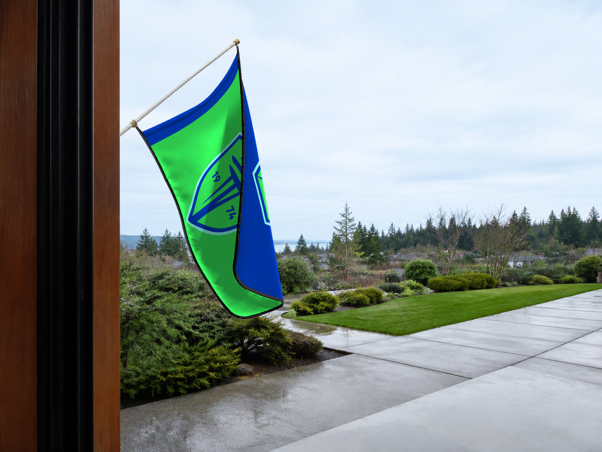 Seattle Sounders FC Authentic Gameday Flag — approved one-scene environment view — EXO R89 — item_id=mls-seattle-sounders-fc — source_sha256=d1335bb6a99f905f725ffa863c60c75260c04ab8001aa741cea3c9e39a1a0c2a
