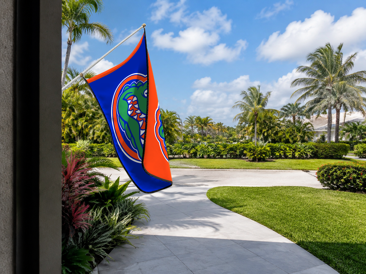 Florida Gators Authentic Gameday Flag — approved one-scene environment view — EXO R89 — item_id=ncaa-fbs-florida-gators — source_sha256=5e71b9438c1e2959e8a08443ac124024ed2b12e35a83435ff7547f7f7cf05dbe