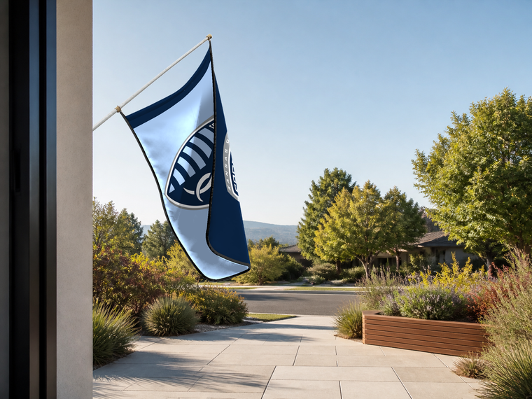 Sporting Kansas City Authentic Gameday Flag — approved one-scene environment view — EXO R89 — item_id=mls-sporting-kansas-city — source_sha256=40e7c6437b69f14c307faf310c8f7116c725d3dcc15c33191662be21831be55f