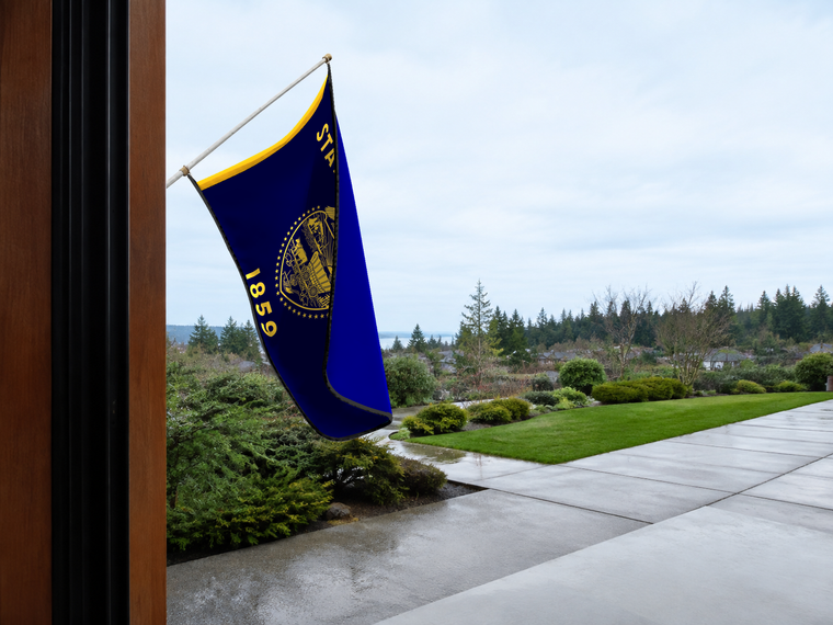Oregon State Flag — two-sided proof Authentic Gameday Flag — approved one-scene environment view — EXO R89 — item_id=state-oregon-two-sided-proof — source_sha256=bc5ba354b7ff82363190c2f75e5ac875cf35b42dc02c32f3cedee96f16892f9d