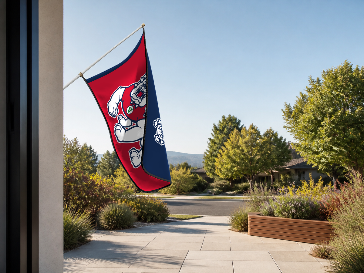 Fresno State Bulldogs Authentic Gameday Flag — approved one-scene environment view — EXO R89 — item_id=ncaa-fbs-fresno-state-bulldogs — source_sha256=e367bec0e5da487491360bfaa681f16f45be8341506a9ac840a16522c09a9adf
