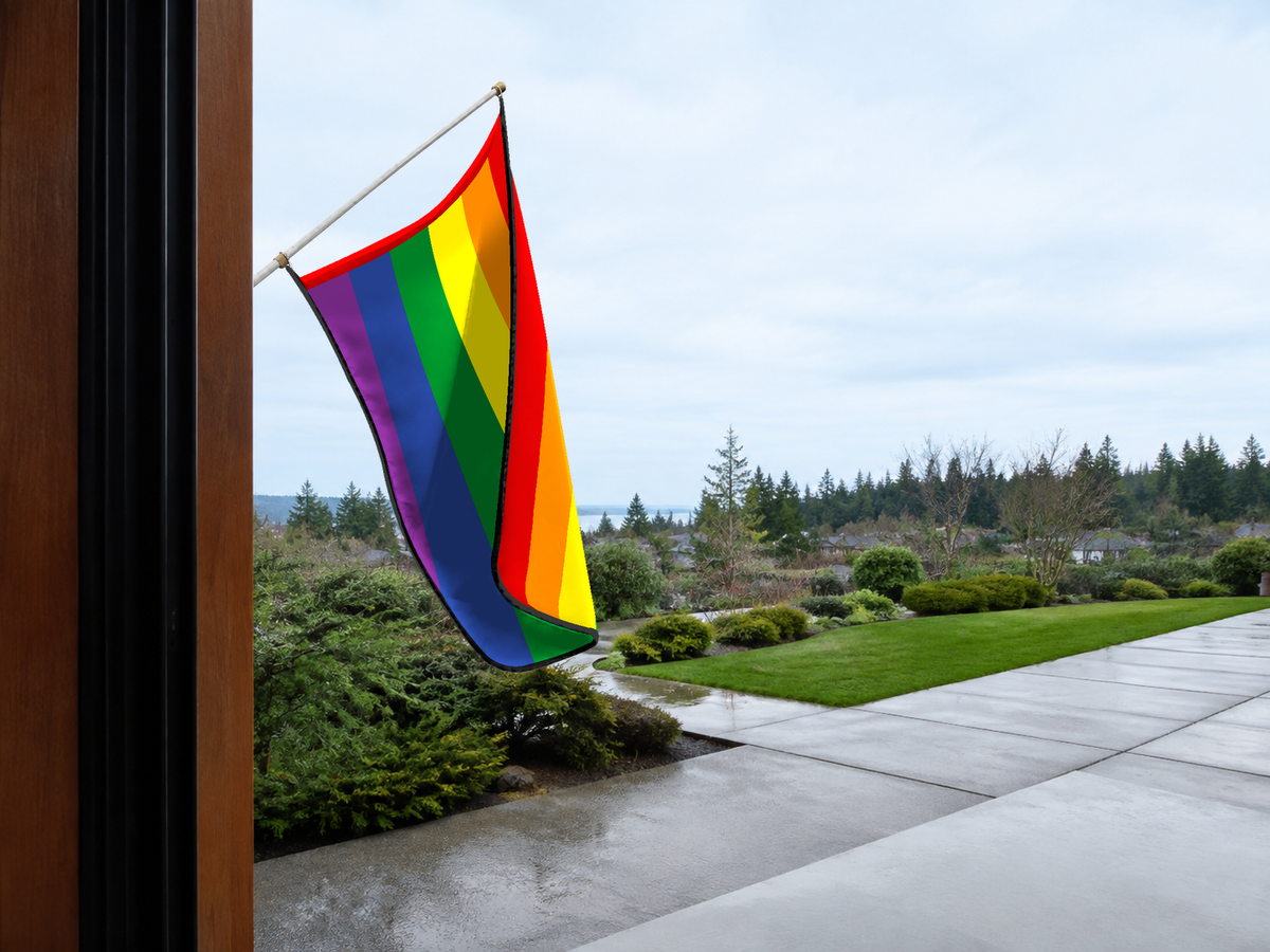 Classic Rainbow Flag Authentic Gameday Flag — approved one-scene environment view — EXO R89 — item_id=pride-classic-rainbow — source_sha256=6409e0cb27759d3f5ce27cc8a62840d43de90bc6797ccd33e1c1769187b1c224