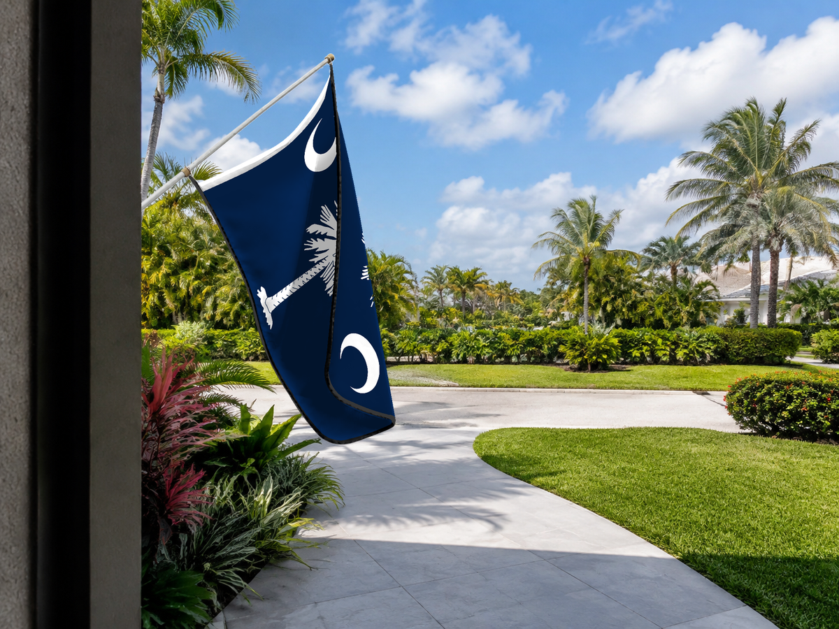 South Carolina State Flag Authentic Gameday Flag — approved one-scene environment view — EXO R89 — item_id=state-south-carolina — source_sha256=8eff7d00134e6367967cc1a8db185ac9ecb355ab6933b0b6aaacc62ead9c1546