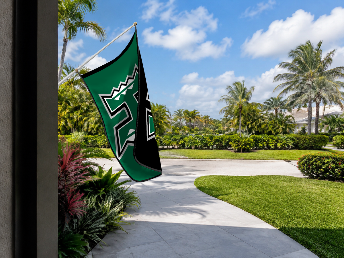 Hawai'i Rainbow Warriors Authentic Gameday Flag — approved one-scene environment view — EXO R89 — item_id=ncaa-fbs-hawai-i-rainbow-warriors — source_sha256=0798e0514c5fce03dd7a3080a9fd560d6e970619101978485a8d689d16773f9d