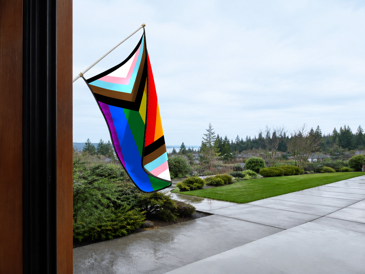 Progress Pride Flag Authentic Gameday Flag — approved one-scene environment view — EXO R89 — item_id=pride-progress — source_sha256=3e867cb93163eaa08945862b945e7544a2dc4d7d53c3adbf5133382d504147a1