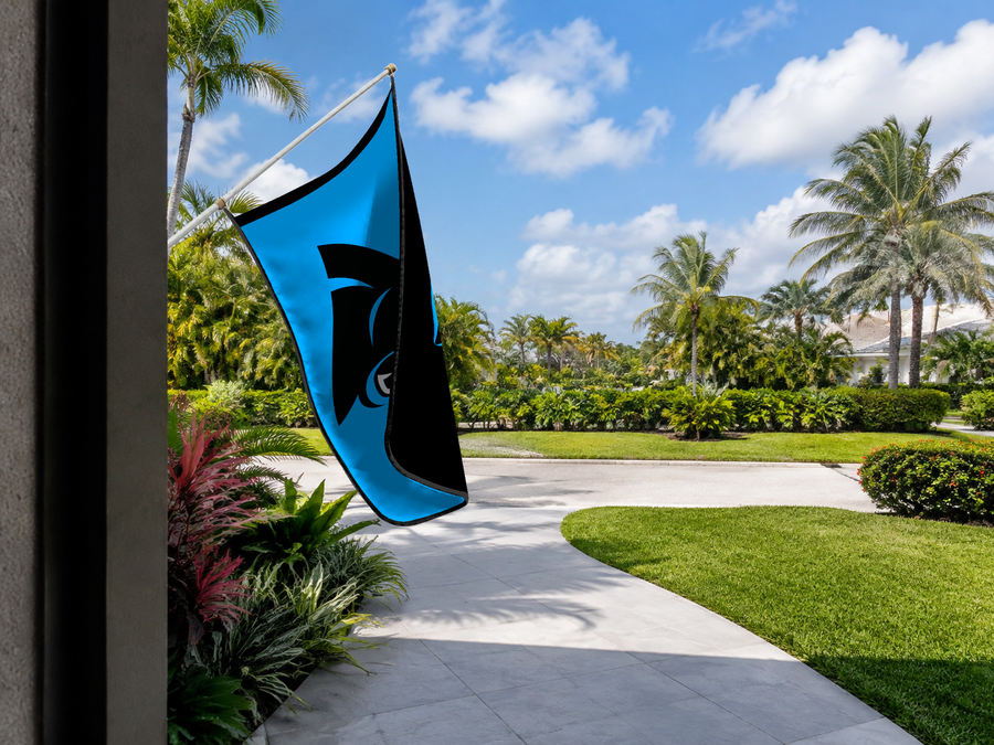 Carolina Panthers Authentic Gameday Flag — approved one-scene environment view — EXO R89 — item_id=nfl-carolina-panthers — source_sha256=cb4f358d292a1d179ec767ccfbc8dc491e3483f0b6953a07ad6868d6cb2b2914