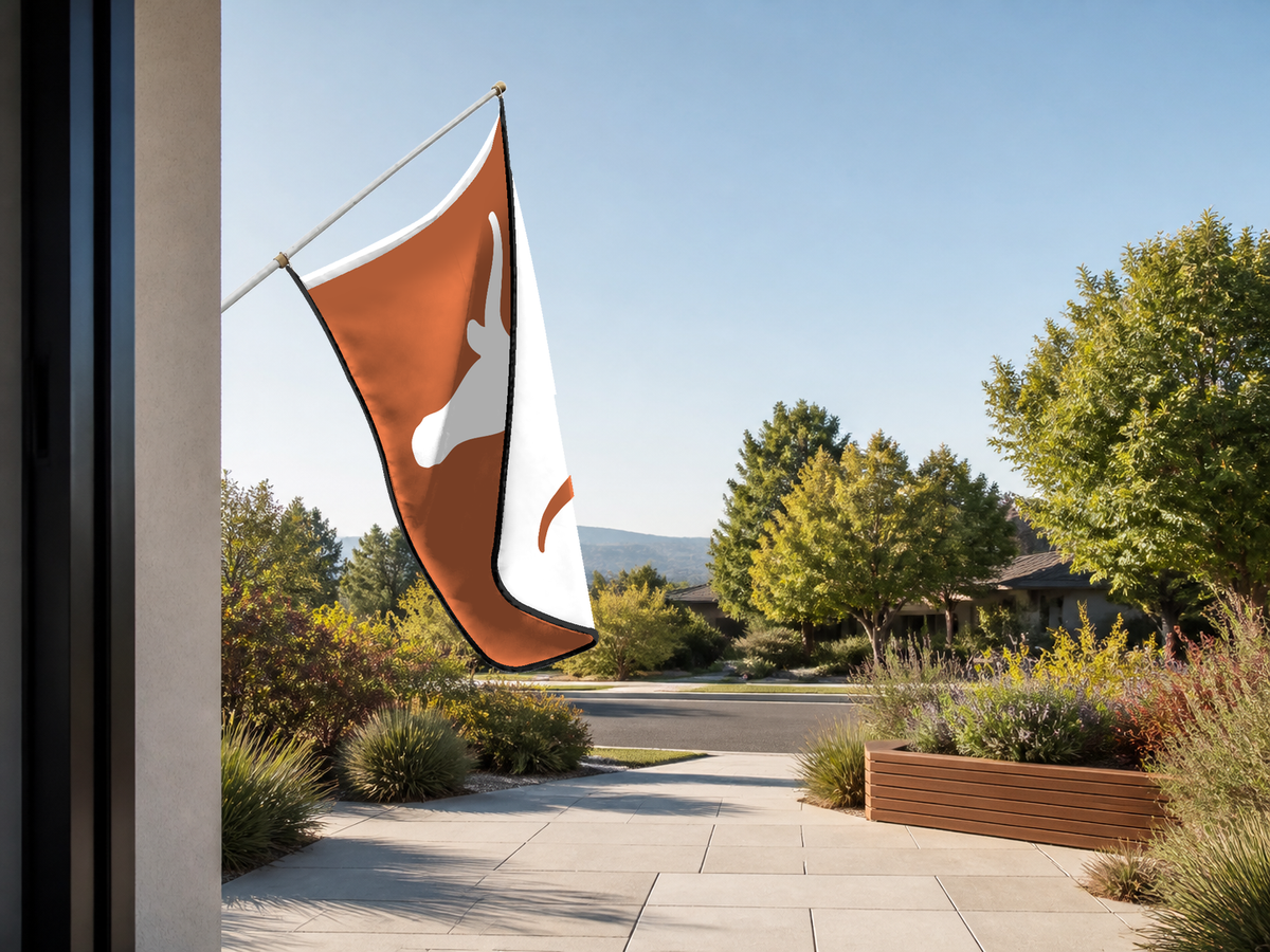 Texas Longhorns Authentic Gameday Flag — approved one-scene environment view — EXO R89 — item_id=ncaa-fbs-texas-longhorns — source_sha256=be39b9dc9048324e9abf1b1e2caa4aa48d7c81571147ef71c51c03fffc9b079a