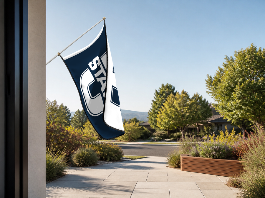 Utah State Aggies Authentic Gameday Flag — approved one-scene environment view — EXO R89 — item_id=ncaa-fbs-utah-state-aggies — source_sha256=ea90416946f90c36100db5f0a93c14c3271ced0d626c7b68f6eaf78b25a83c92