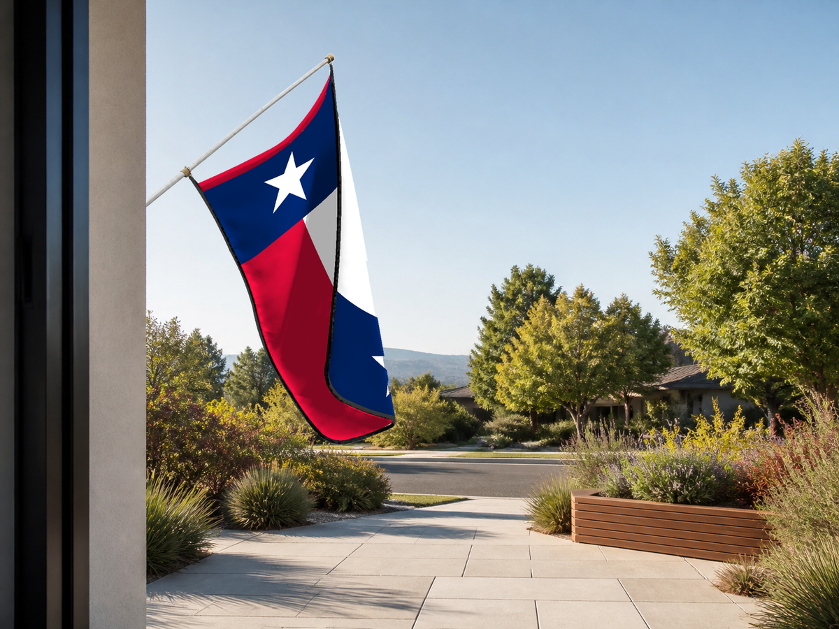 Texas State Flag Authentic Gameday Flag — approved one-scene environment view — EXO R89 — item_id=state-texas — source_sha256=13a4502ba1ca3bc71c75b95255d86ae38e74d19b811230caed32b097111706e9