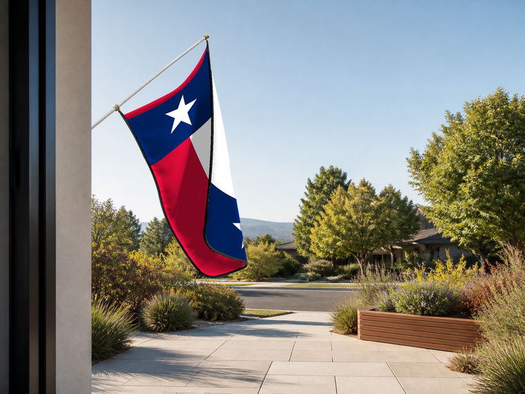 Texas State Flag Authentic Gameday Flag — approved one-scene environment view — EXO R89 — item_id=state-texas — source_sha256=13a4502ba1ca3bc71c75b95255d86ae38e74d19b811230caed32b097111706e9