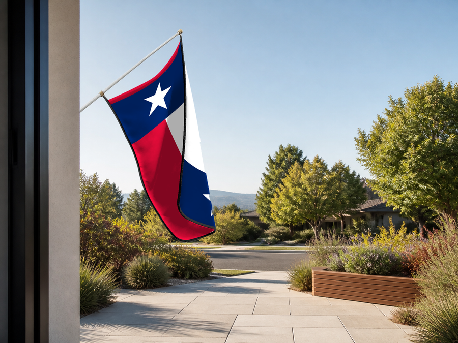 Texas State Flag Authentic Gameday Flag — approved one-scene environment view — EXO R89 — item_id=state-texas — source_sha256=13a4502ba1ca3bc71c75b95255d86ae38e74d19b811230caed32b097111706e9