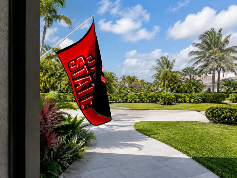 Jacksonville State Gamecocks Authentic Gameday Flag — approved one-scene environment view — EXO R89 — item_id=ncaa-fbs-jacksonville-state-gamecocks — source_sha256=b6fa538c2649f12633bdb0c3cf3f221db31ce3ee6f1891718abd7f384b7c5d17