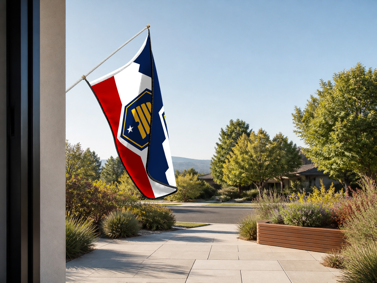 Utah State Flag Authentic Gameday Flag — approved one-scene environment view — EXO R89 — item_id=state-utah — source_sha256=fe2ab59adb2ed0accb38a64dc7fc9676b213326165c48ee606aa1868ced8928b