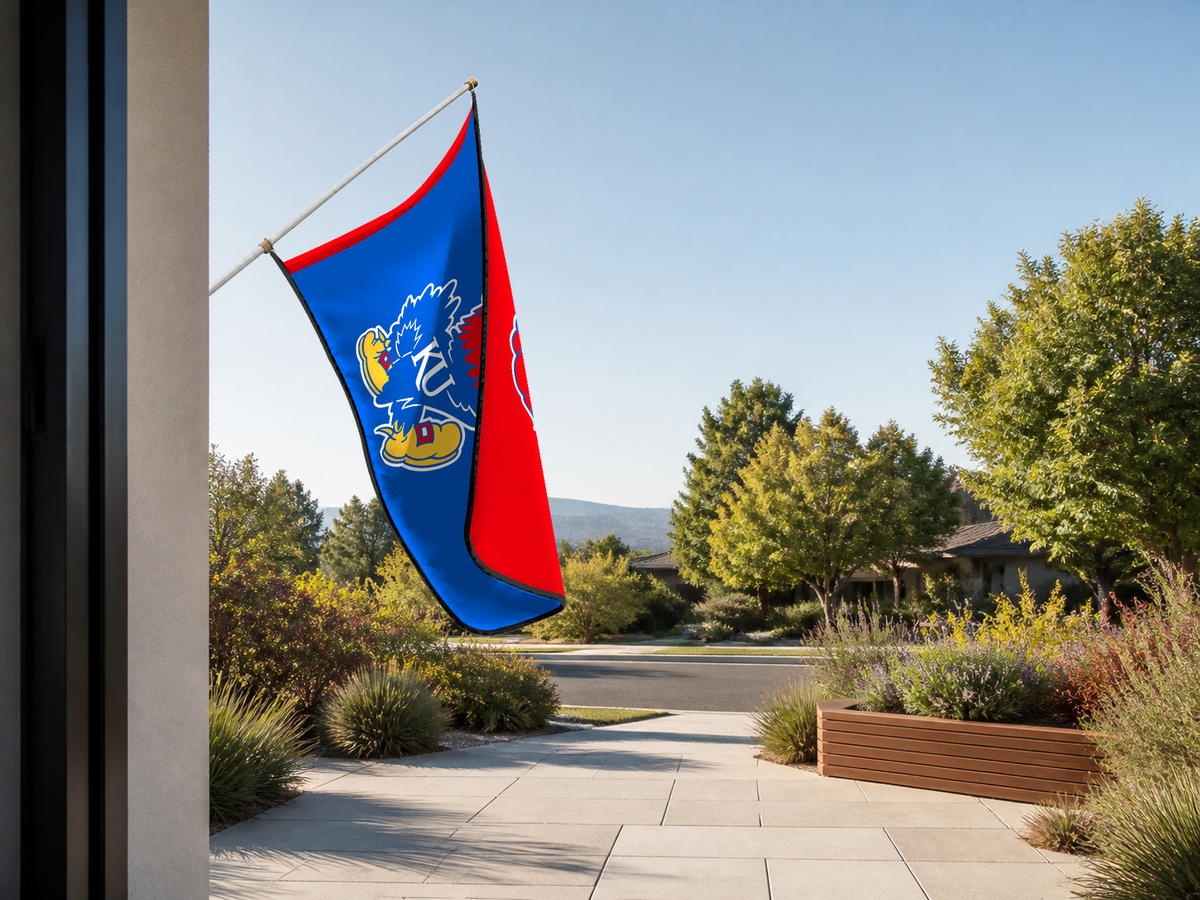 Kansas Jayhawks Authentic Gameday Flag — approved one-scene environment view — EXO R89 — item_id=ncaa-fbs-kansas-jayhawks — source_sha256=498193ef91f30311dc3a4f7611179d762f8b91c24a5d35e3eb6c19ecc30d47d4
