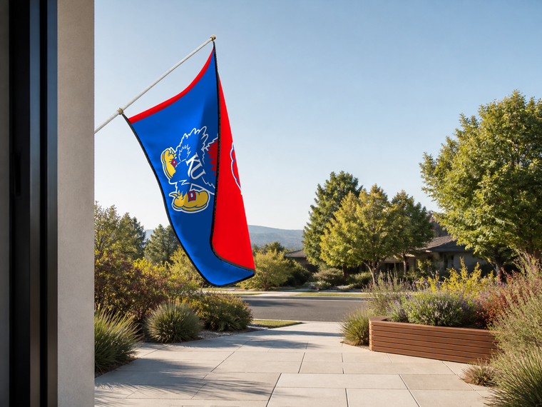 Kansas Jayhawks Authentic Gameday Flag — approved one-scene environment view — EXO R89 — item_id=ncaa-fbs-kansas-jayhawks — source_sha256=498193ef91f30311dc3a4f7611179d762f8b91c24a5d35e3eb6c19ecc30d47d4