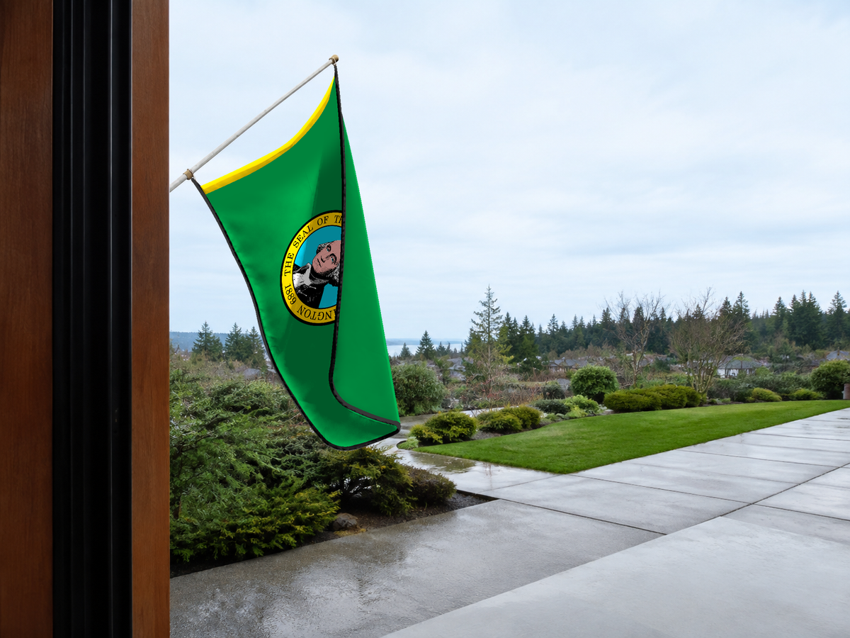 Washington State Flag Authentic Gameday Flag — approved one-scene environment view — EXO R89 — item_id=state-washington — source_sha256=f57eb75e3e4c9245d956594ccea08cf759980061c78123528ea16b4d95b28d9d