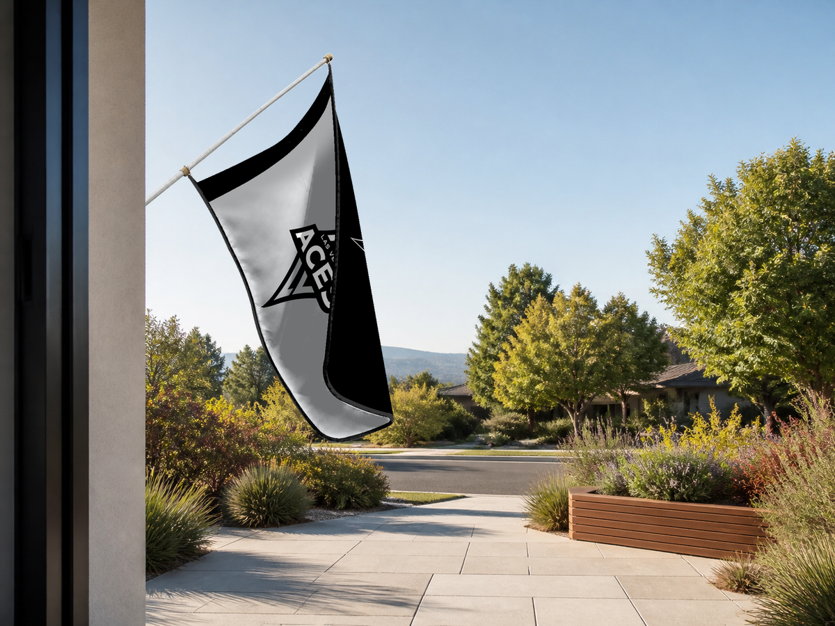 Las Vegas Aces Authentic Gameday Flag — approved one-scene environment view — EXO R89 — item_id=wnba-las-vegas-aces — source_sha256=f111486c5a7e6f1dab1e3f2acb0bad4007158212d6b331df013aa9aeb707824f