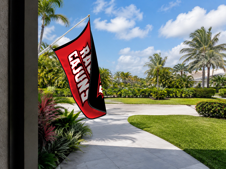 Louisiana Ragin' Cajuns Authentic Gameday Flag — approved one-scene environment view — EXO R89 — item_id=ncaa-fbs-louisiana-ragin-cajuns — source_sha256=86dd4771fc6ed440db1ff10d6f0fd340114a4ca0bea6fd4041c67daa63d41028