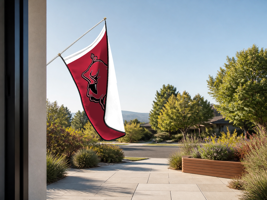 Arkansas Razorbacks Authentic Gameday Flag — approved one-scene environment view — EXO R89 — item_id=ncaa-fbs-arkansas-razorbacks — source_sha256=46686978cfe22f8546feae1b02a24df5a57116154a4296ed6adb3a01adc640e2