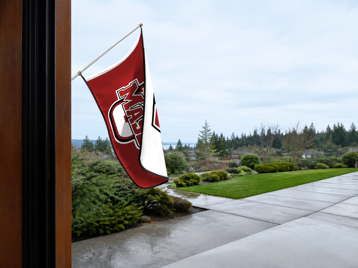 Massachusetts Minutemen Authentic Gameday Flag — approved one-scene environment view — EXO R89 — item_id=ncaa-fbs-massachusetts-minutemen — source_sha256=f1d287cda1cbfbad3667d8a06d9e2e8fd28a17ed8c1a81241830565237ed51a8