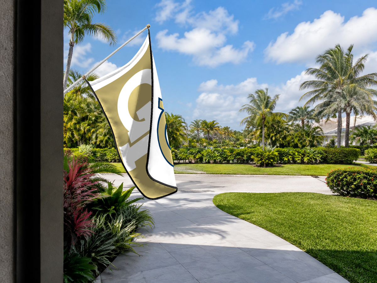 Georgia Tech Yellow Jackets Authentic Gameday Flag — approved one-scene environment view — EXO R89 — item_id=ncaa-fbs-georgia-tech-yellow-jackets — source_sha256=a1c88c90b1358dd61c400d9fd9761ac4043ca4b126dca29f9a2fe56b9b6ed8ac
