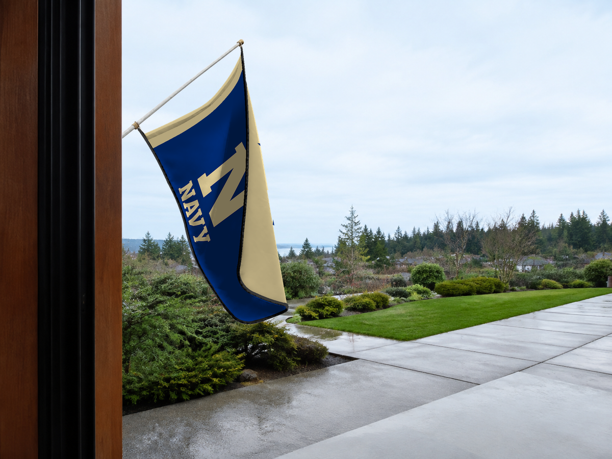 Navy Midshipmen Authentic Gameday Flag — approved one-scene environment view — EXO R89 — item_id=ncaa-fbs-navy-midshipmen — source_sha256=0496ea4820e95fbfabecafc8cfc48f966ef2dec59a2d523c8e2aba1d9856060a
