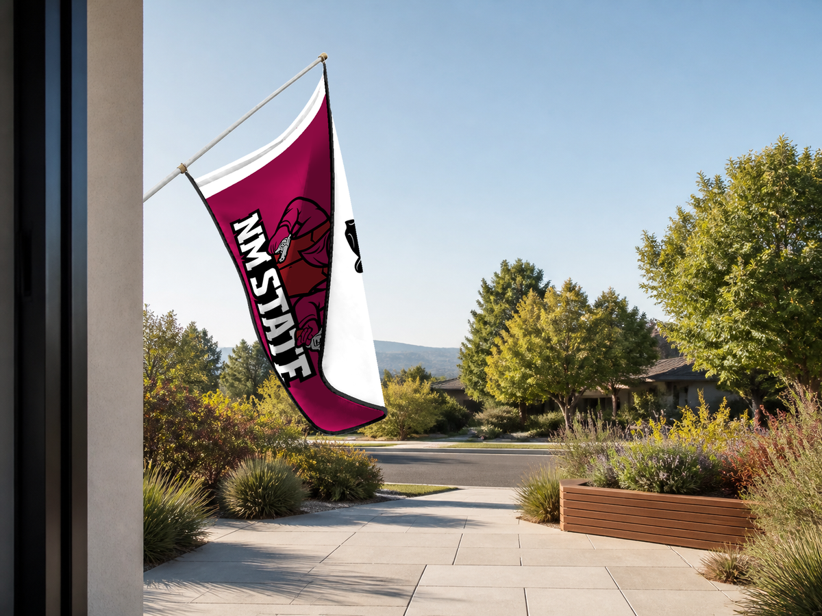New Mexico State Aggies Authentic Gameday Flag — approved one-scene environment view — EXO R89 — item_id=ncaa-fbs-new-mexico-state-aggies — source_sha256=a0564508835e2d338891c15a2149891befbc5f6a15aa4776712c22475b23dffd