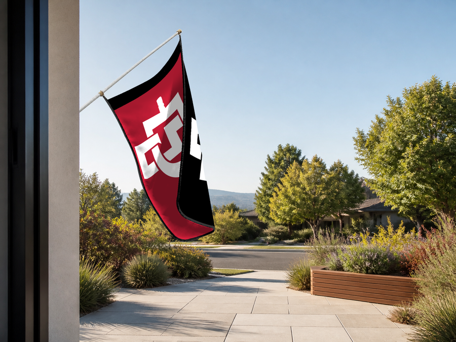 San Diego State Aztecs Authentic Gameday Flag — approved one-scene environment view — EXO R89 — item_id=ncaa-fbs-san-diego-state-aztecs — source_sha256=1218ef9870d3a166f2b1f2410bc1de821892eea7f4a3f2aee3c8894f621ed515