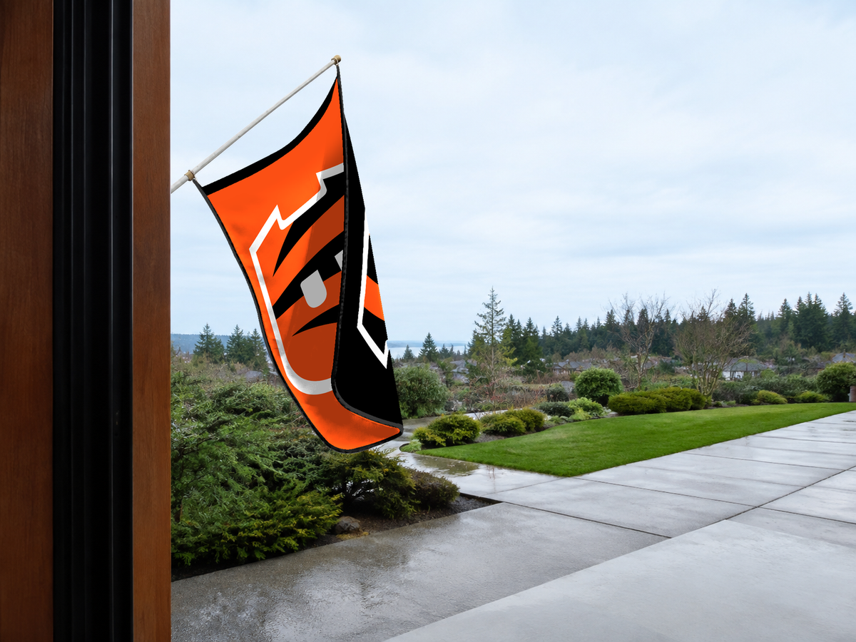 Cincinnati Bengals Authentic Gameday Flag — approved one-scene environment view — EXO R89 — item_id=nfl-cincinnati-bengals — source_sha256=f64584a72610abc313298e81b922428f63e6782f79bcdc5b68e941383eafa259