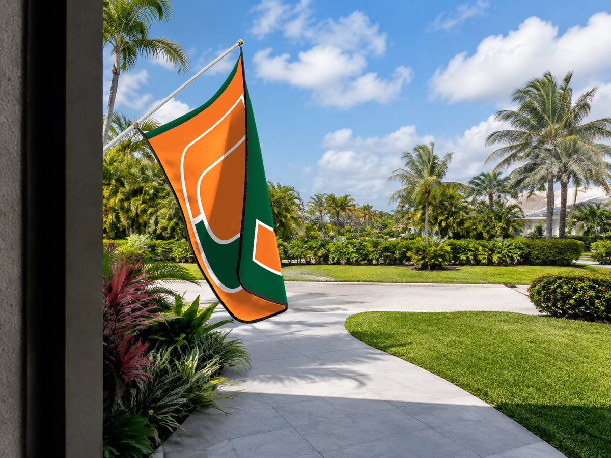 Miami Hurricanes Authentic Gameday Flag — approved one-scene environment view — EXO R89 — item_id=ncaa-fbs-miami-hurricanes — source_sha256=95c3454f3c689f686adfce8c585c0c8f673f2f029cc1d6bd094f7be88ef0f32d