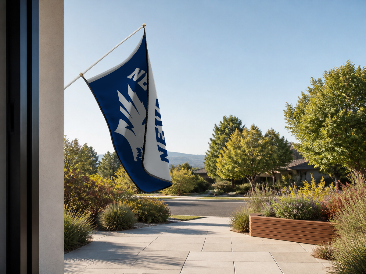 Nevada Wolf Pack Authentic Gameday Flag — approved one-scene environment view — EXO R89 — item_id=ncaa-fbs-nevada-wolf-pack — source_sha256=c1a9b0bd7f5ee05488015fa6e363326264968f1d505dfcc6a63019a24e3c9e24