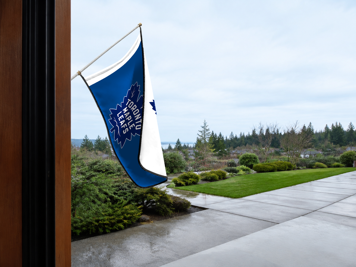 Toronto Maple Leafs Authentic Gameday Flag — approved one-scene environment view — EXO R89 — item_id=nhl-toronto-maple-leafs — source_sha256=0c64685b30f4ef1a353c7ebcabeae108d14eba8a092d3387be6eaf3fe7da1675