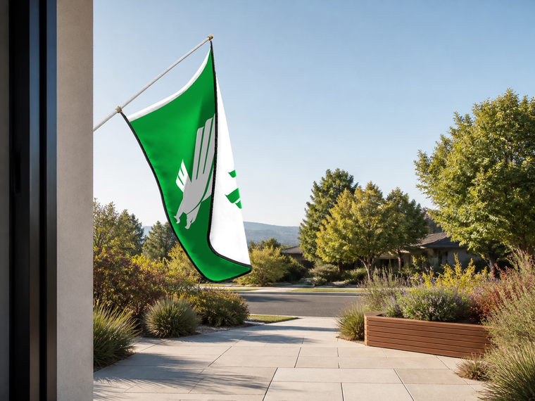 North Texas Mean Green Authentic Gameday Flag — approved one-scene environment view — EXO R89 — item_id=ncaa-fbs-north-texas-mean-green — source_sha256=ecea91fd28af39e4c1c2060c441e3e9d1408747d04e9eb27a6ca83e9c2964e86