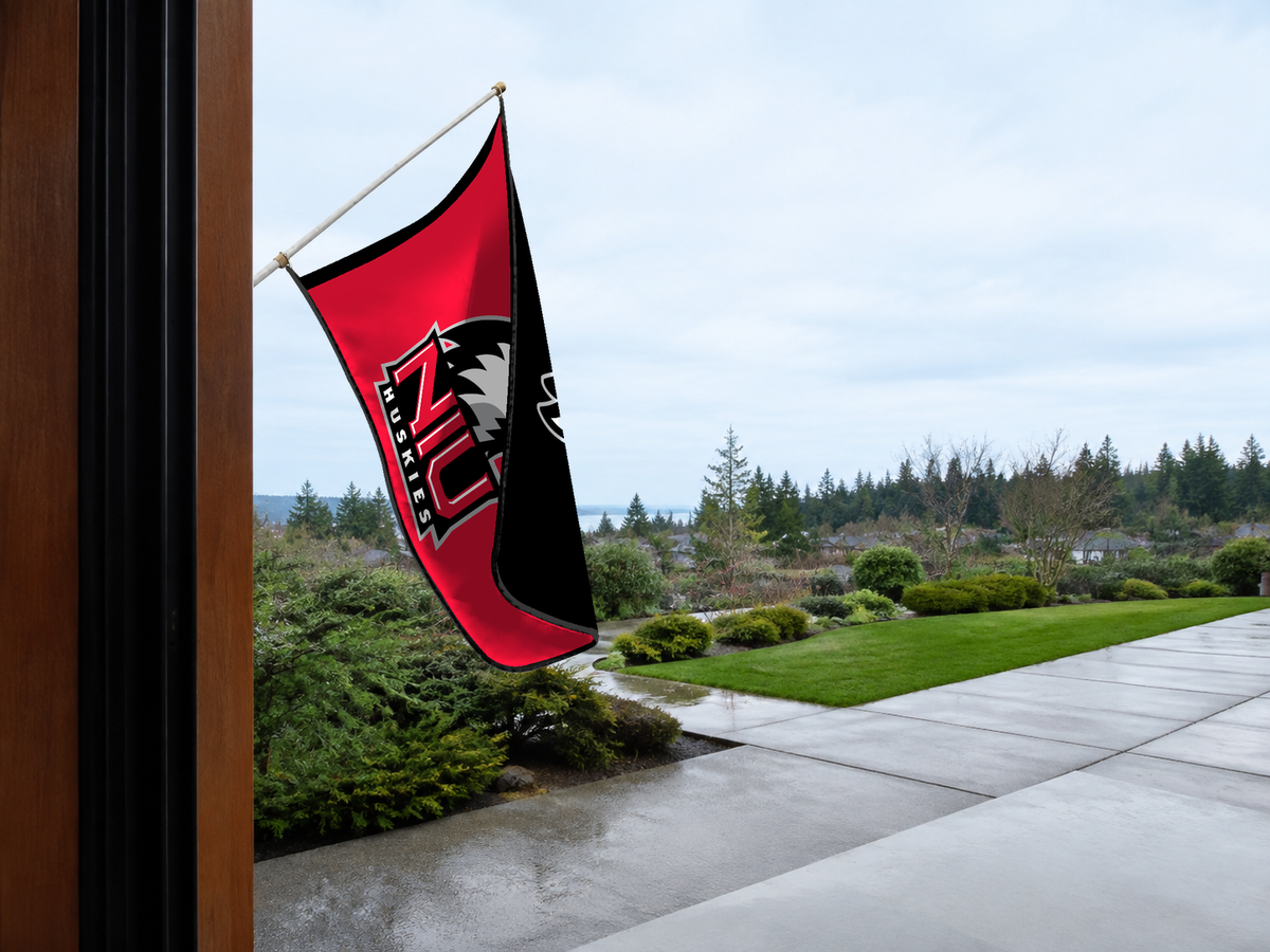 Northern Illinois Huskies Authentic Gameday Flag — approved one-scene environment view — EXO R89 — item_id=ncaa-fbs-northern-illinois-huskies — source_sha256=3267e98794be34d78fc81ff65a78681d63df2f86f90789efa2cab8976910b528