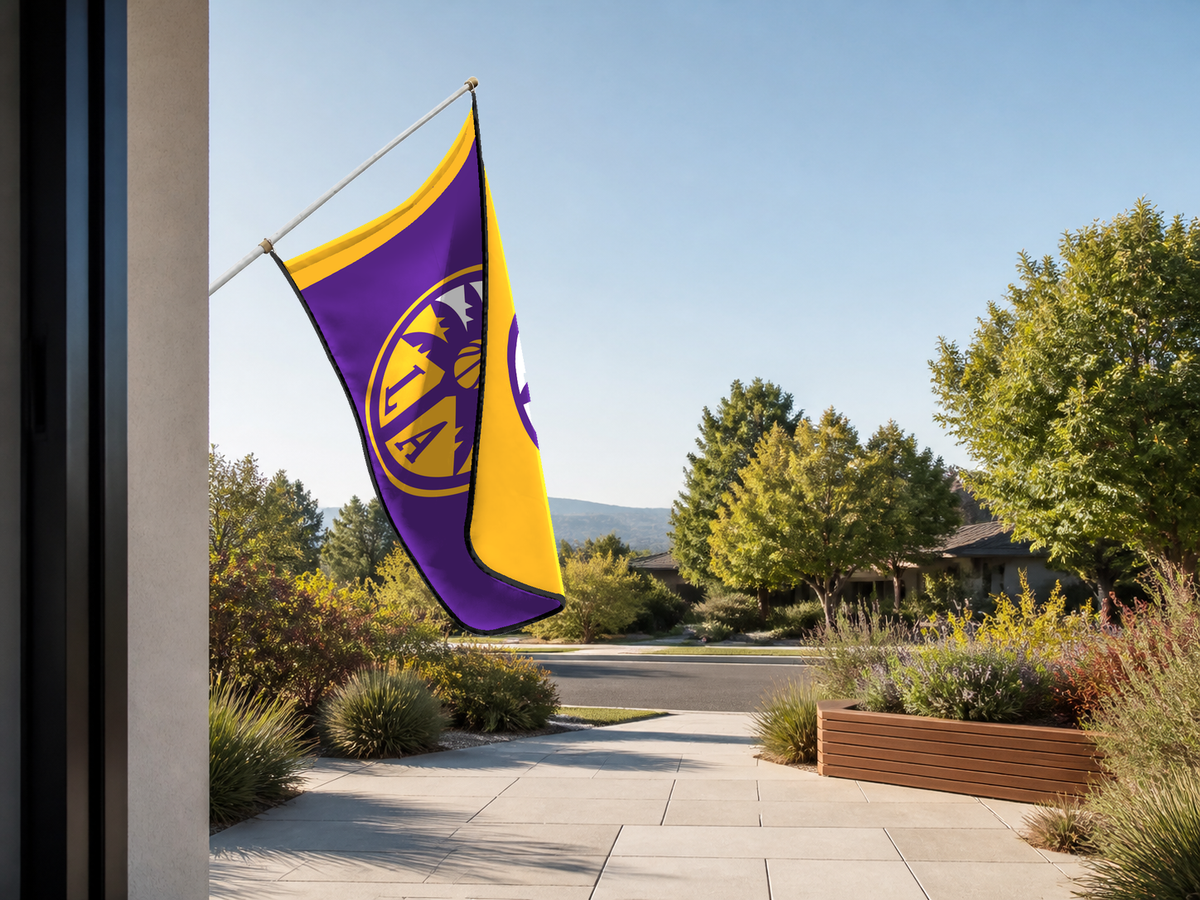 Los Angeles Sparks Authentic Gameday Flag — approved one-scene environment view — EXO R89 — item_id=wnba-los-angeles-sparks — source_sha256=135831939d643767c489b23a257b195fbe00cf98fdb7133b0f96a81626efe03c