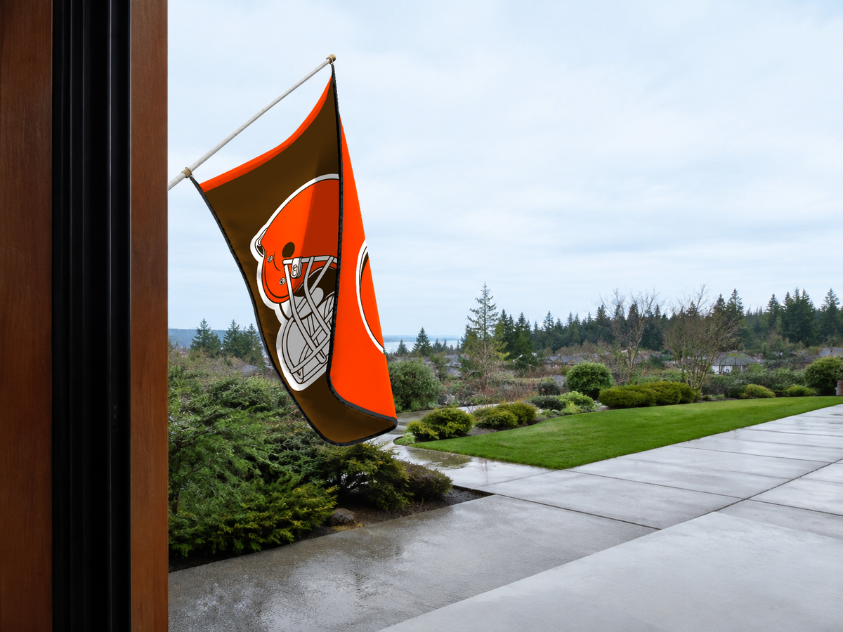 Cleveland Browns Authentic Gameday Flag — approved one-scene environment view — EXO R89 — item_id=nfl-cleveland-browns — source_sha256=877643478c578e7fbdf3b0bf7d23e8fdf5945f293cbc54d6c75a54791aec7187