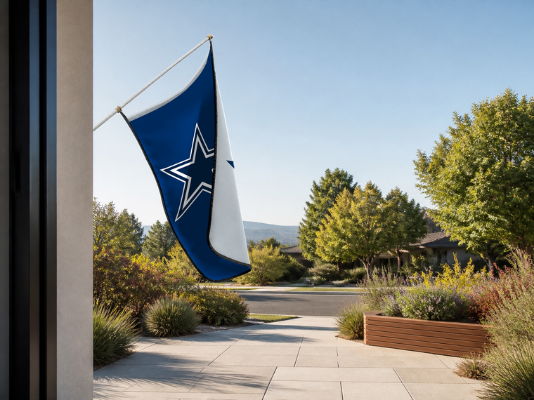 Dallas Cowboys Authentic Gameday Flag — approved one-scene environment view — EXO R89 — item_id=nfl-dallas-cowboys — source_sha256=3dcea873d395b1ed7c6ab86e2eac211e95bd6327478cdc6d164439aed108fb85