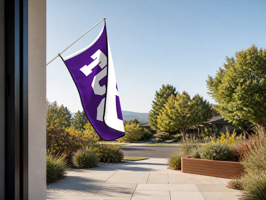 TCU Horned Frogs Authentic Gameday Flag — approved one-scene environment view — EXO R89 — item_id=ncaa-fbs-tcu-horned-frogs — source_sha256=46205a9ec0adf7d3530ce7c0cb78b059530717cae8e430a7dca6a8987d557007