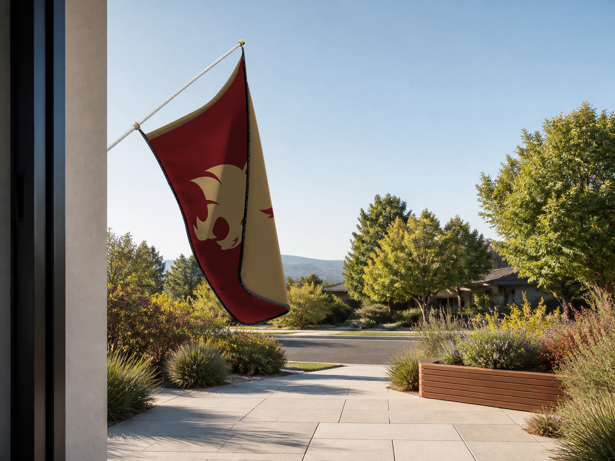 Texas State Bobcats Authentic Gameday Flag — approved one-scene environment view — EXO R89 — item_id=ncaa-fbs-texas-state-bobcats — source_sha256=f16a976b8abe539332ea89007af7c6b0607154084e5254140dfaa175c9407fab